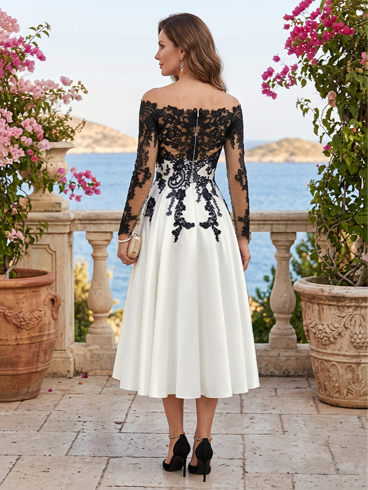 Laces Satin A Line Off the Shoulder Tea Length Long Sleeves Lace Mother of the Bride Dresses