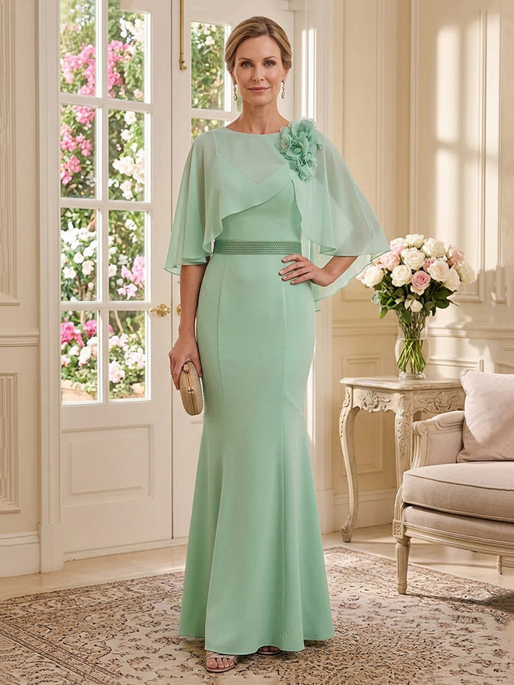 Chiffon Mermaid Round Neck Floor Length Sleeveless Beading Mother of the Bride Dresses with Cape