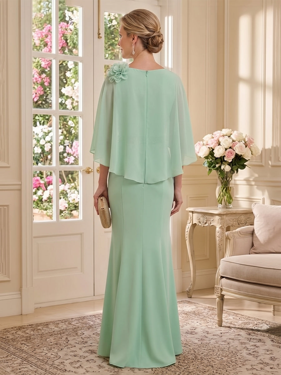 Chiffon Mermaid Round Neck Floor Length Sleeveless Beading Mother of the Bride Dresses with Cape