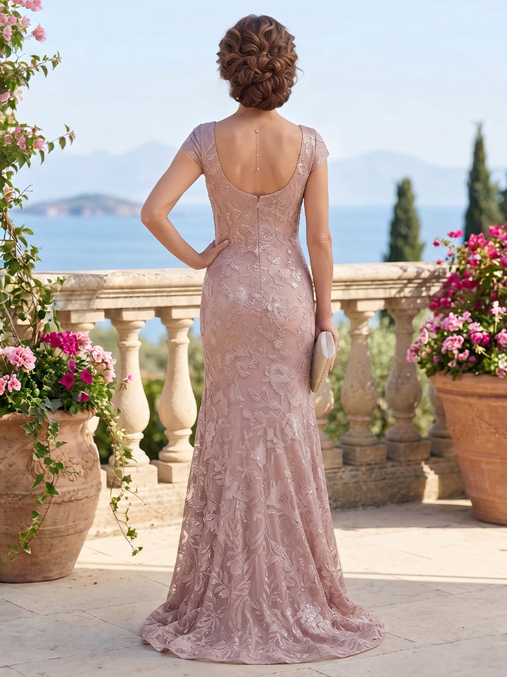 Tulle Sequin Sheath Square Neck Floor Length Short Sleeves Lace Appliques Mother of the Bride Dresses