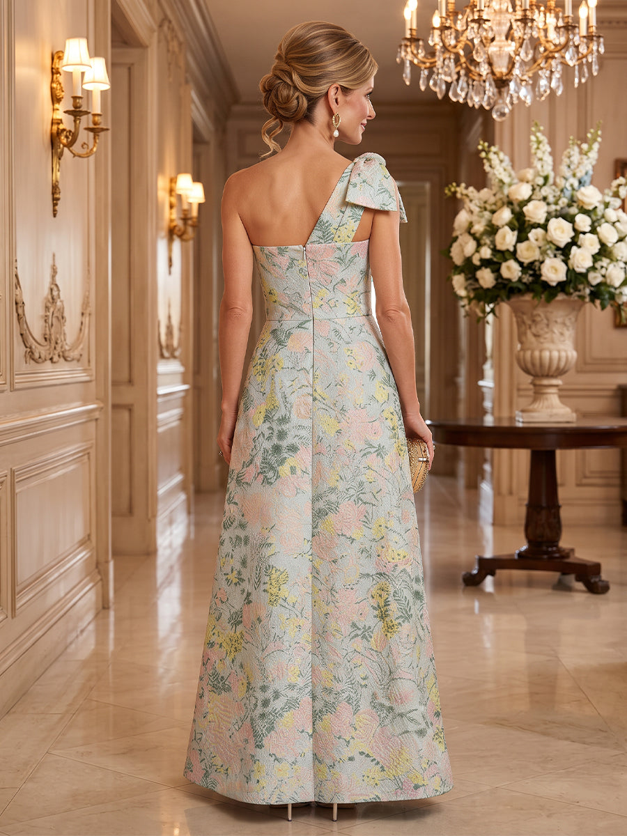 Satin Jacquard A Line One Shoulder Floor Length Sleeveless Floral Mother of the Bride Dresses with Slit