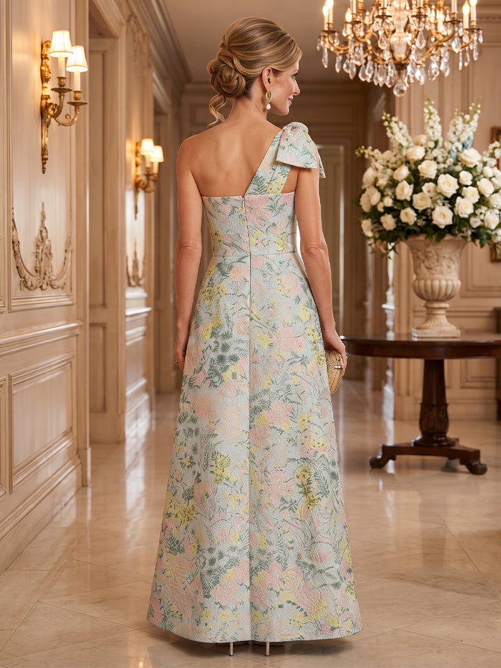 Satin Jacquard A Line One Shoulder Floor Length Sleeveless Floral Mother of the Bride Dresses with Slit