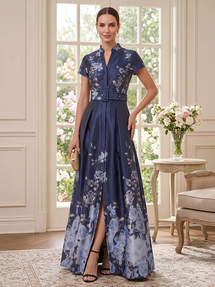 Satin Jacquard A Line V Neck Floor Length Short Sleeves Floral Mother of the Bride Dresses