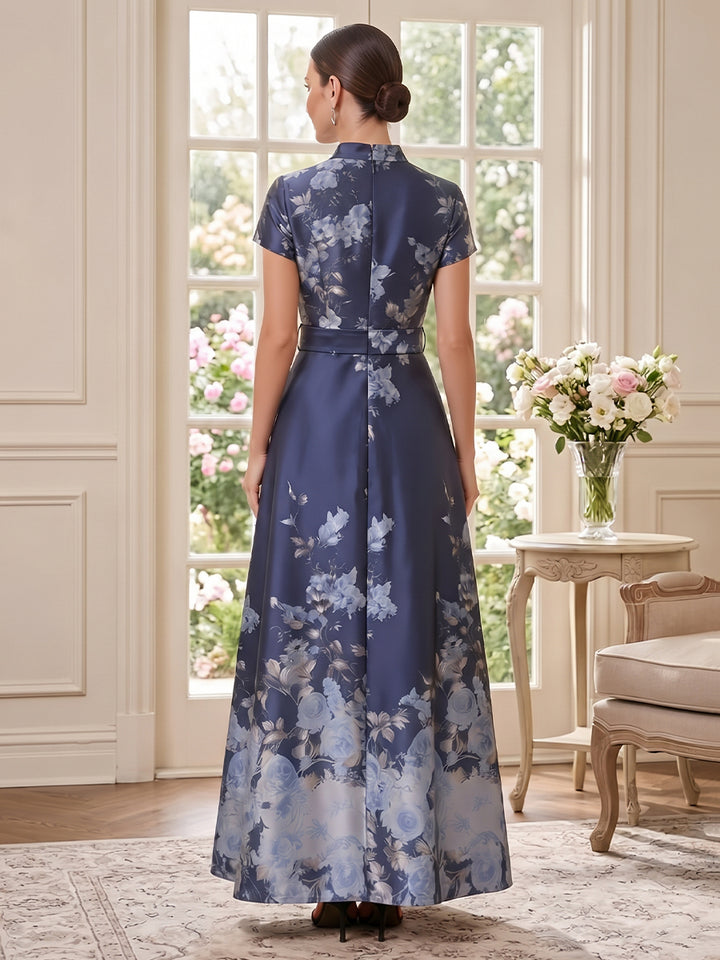 Satin Jacquard A Line V Neck Floor Length Short Sleeves Floral Mother of the Bride Dresses