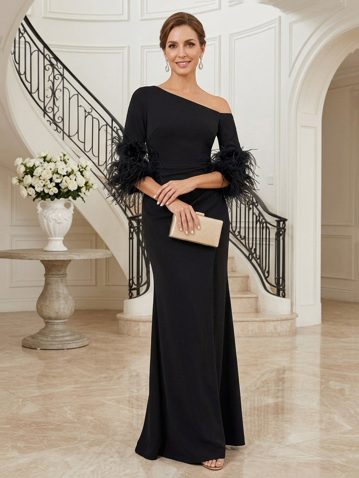 Satin Sheath One Shoulder Floor Length 3/4 length sleeves Feather Mother of the Bride Dresses