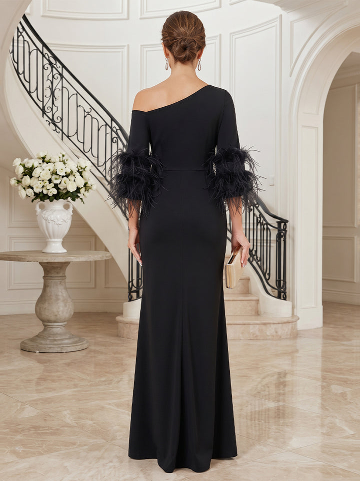 Satin Sheath One Shoulder Floor Length 3/4 length sleeves Feather Mother of the Bride Dresses