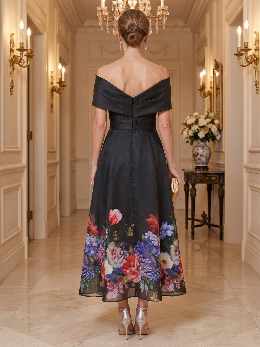 Organza A Line Off the Shoulder Ankle Length Short Sleeves Ruched Waist Mother of the Bride Dresses