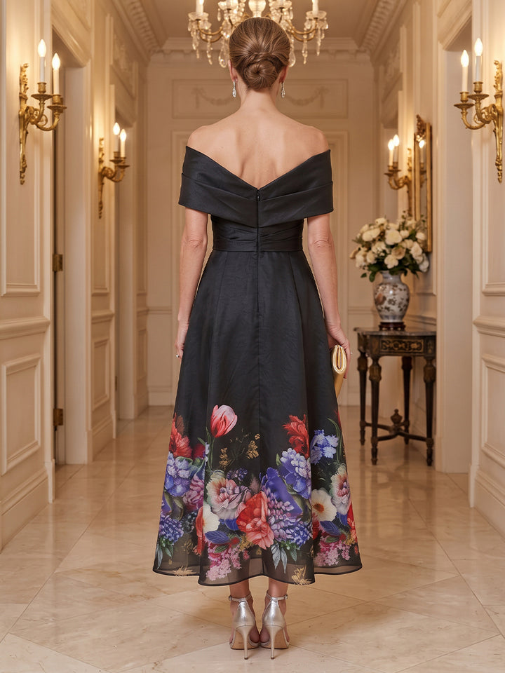 Organza A Line Off the Shoulder Ankle Length Short Sleeves Ruched Waist Mother of the Bride Dresses