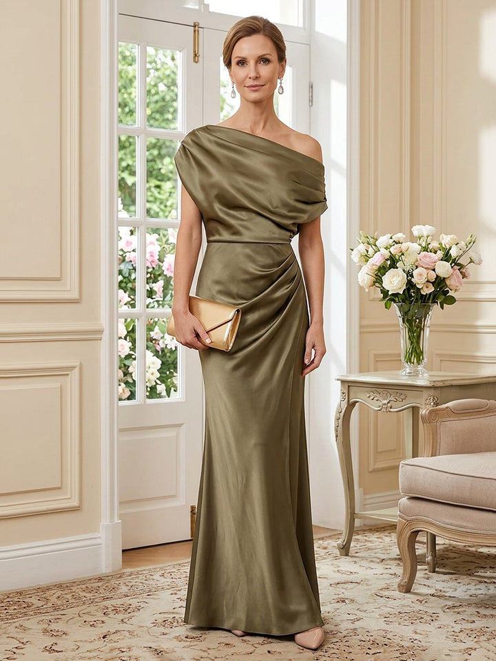 Satin Sheath One Shoulder Floor Length Short Sleeves Ruched Mother of the Bride Dresses