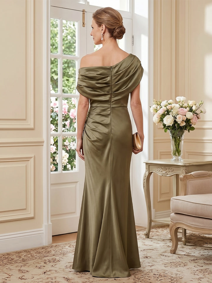 Satin Sheath One Shoulder Floor Length Short Sleeves Ruched Mother of the Bride Dresses
