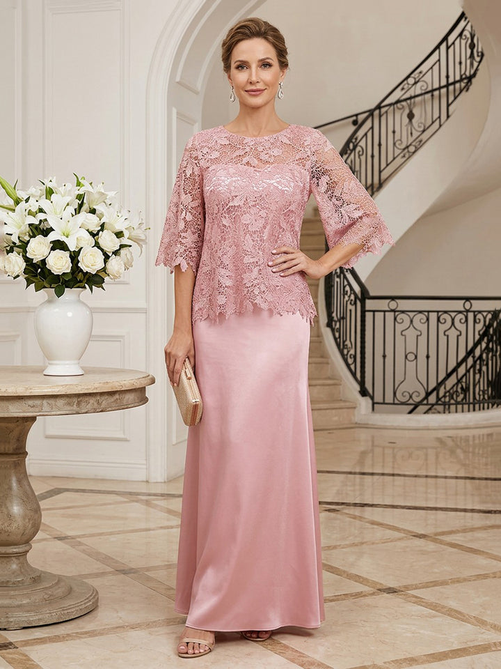 Laces Satin Sheath Scoop Neck Floor Length 3/4 length sleeves Lace Mother of the Bride Dresses