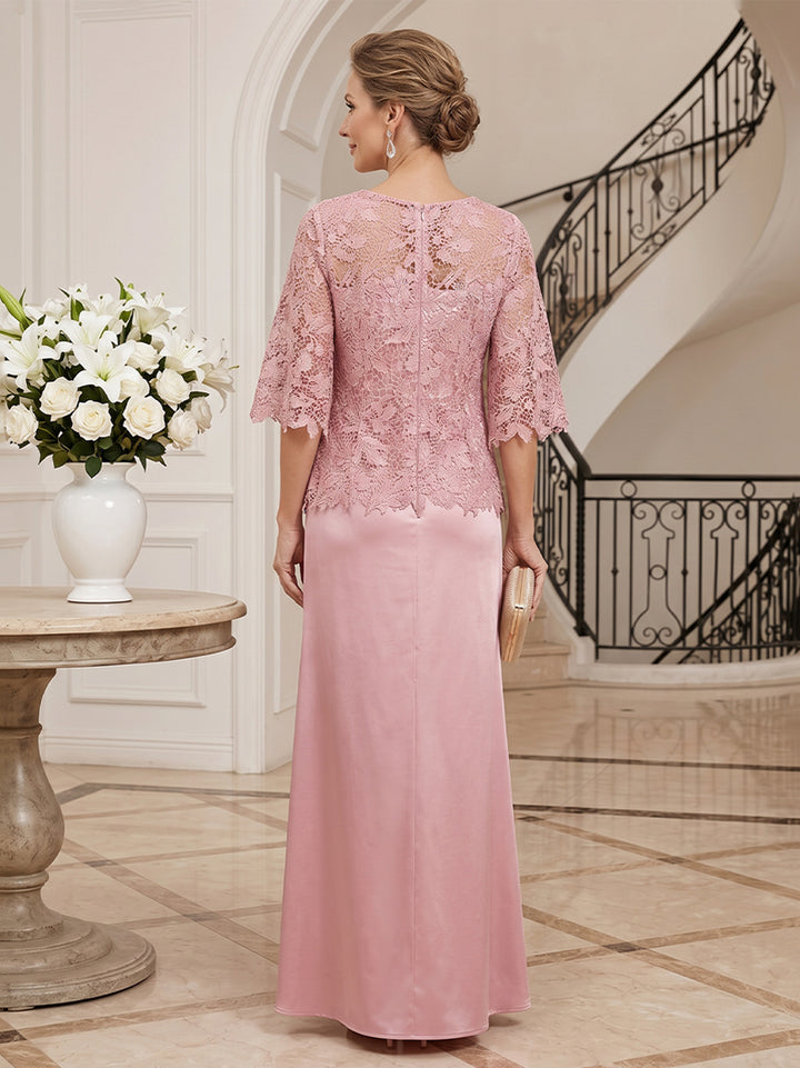 Laces Satin Sheath Scoop Neck Floor Length 3/4 length sleeves Lace Mother of the Bride Dresses
