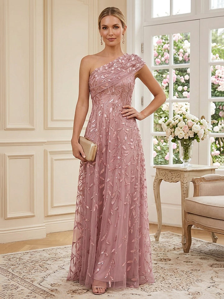 Tulle Sequin A Line One Shoulder Floor Length Sleeveless Ruched Mother of the Bride Dresses