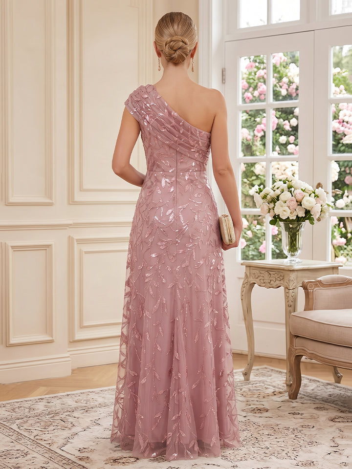 Tulle Sequin A Line One Shoulder Floor Length Sleeveless Ruched Mother of the Bride Dresses