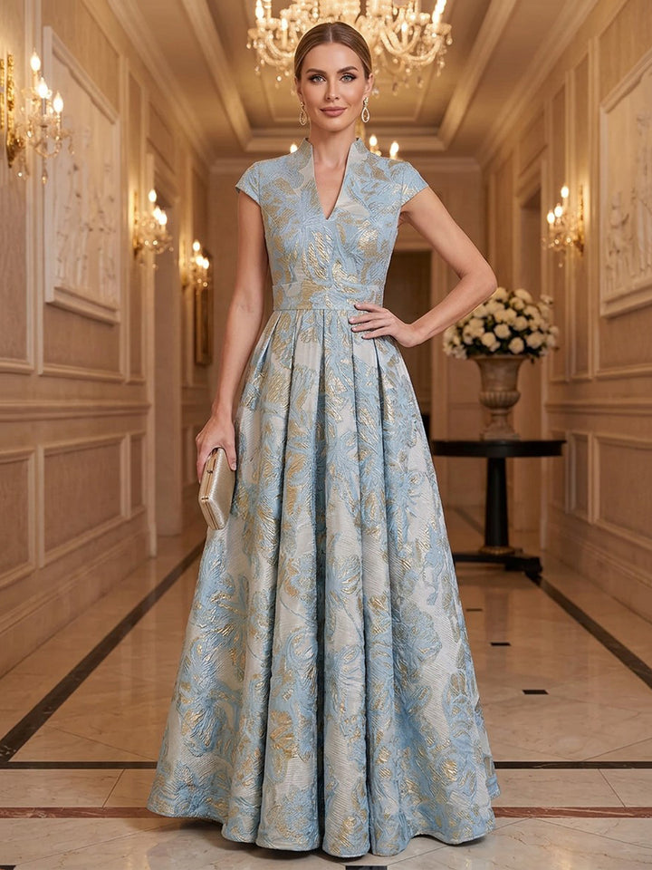 Satin Jacquard A Line Stand Collar Floor Length Cap Sleeves Pleats Mother of the Bride Dresses