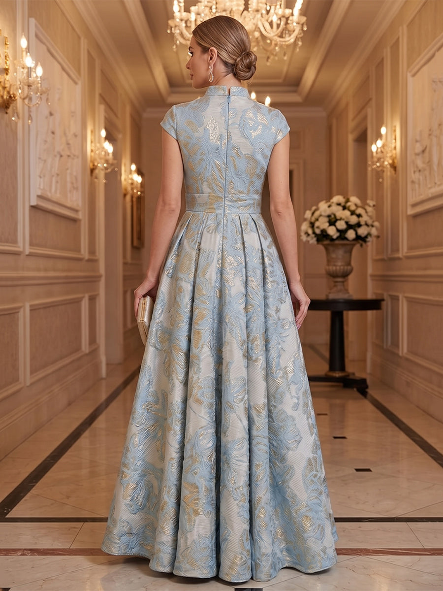 Satin Jacquard A Line Stand Collar Floor Length Cap Sleeves Pleats Mother of the Bride Dresses