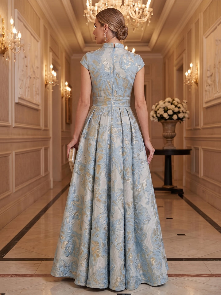 Satin Jacquard A Line Stand Collar Floor Length Cap Sleeves Pleats Mother of the Bride Dresses