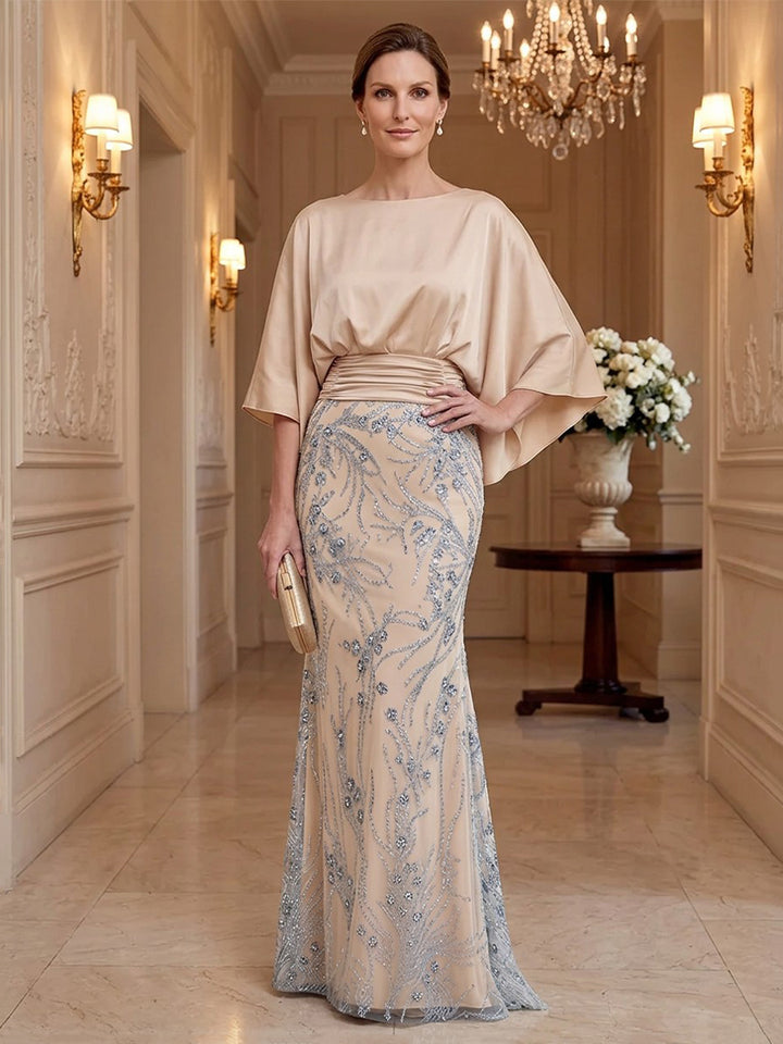 Satin Sequin Sheath Jewel Neck Floor Length Half Sleeves Ruched Waist Mother of the Bride Dresses