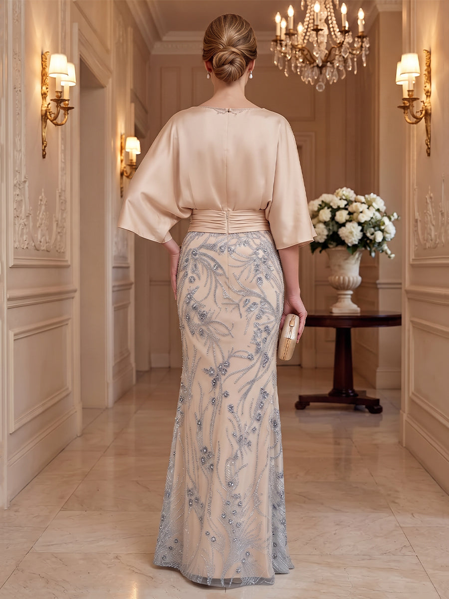 Satin Sequin Sheath Jewel Neck Floor Length Half Sleeves Ruched Waist Mother of the Bride Dresses