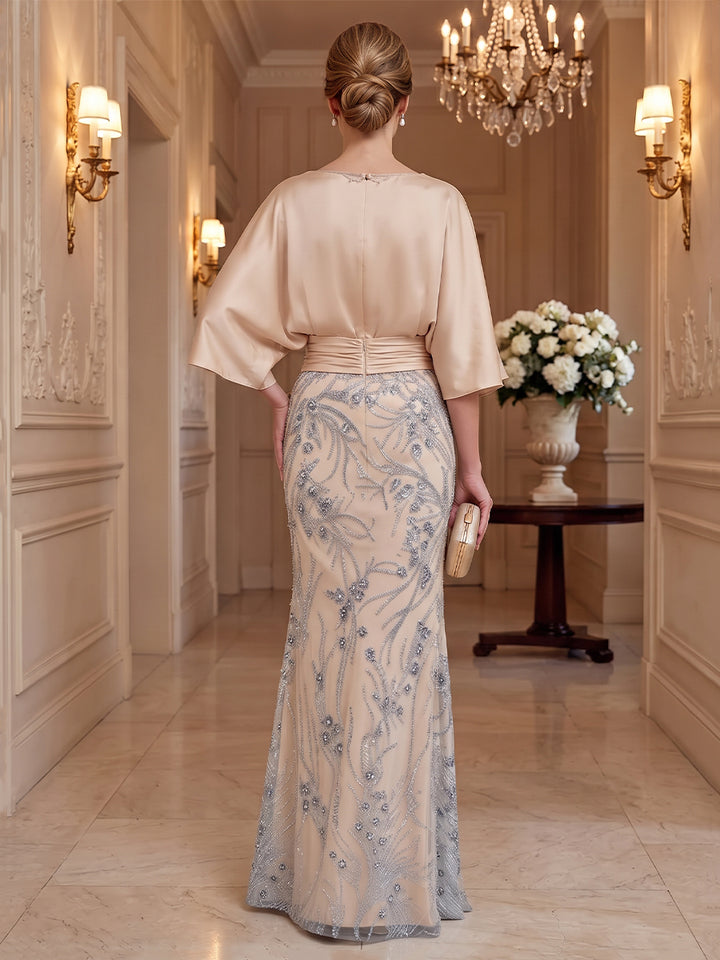 Satin Sequin Sheath Jewel Neck Floor Length Half Sleeves Ruched Waist Mother of the Bride Dresses