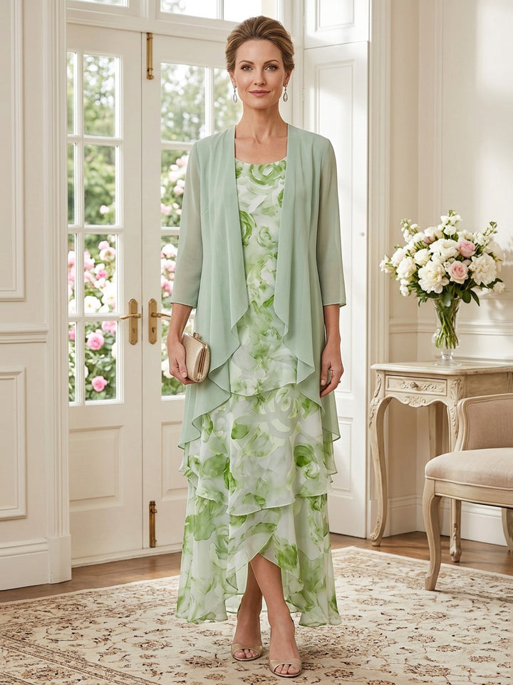 Chiffon A Line Boat Neck Ankle Length Long Sleeves High Low Mother of the Bride Dresses