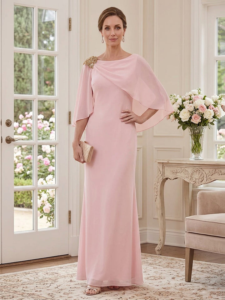 Chiffon Sheath Round Neck Floor Length Sleeveless Ruched Mother of the Bride Dresses with Cape
