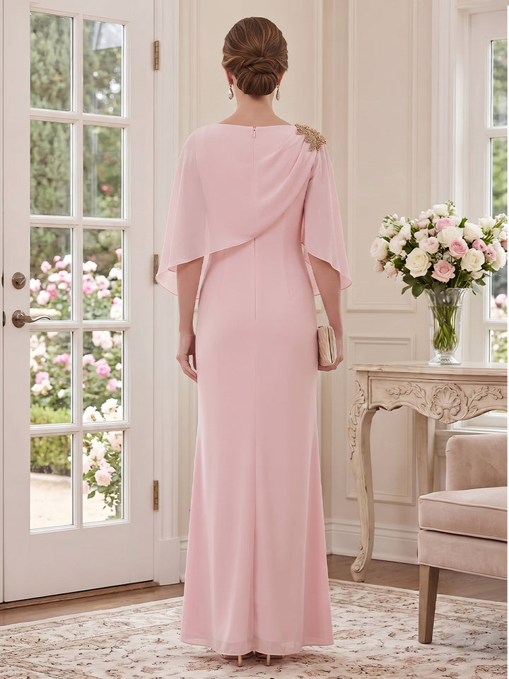 Chiffon Sheath Round Neck Floor Length Sleeveless Ruched Mother of the Bride Dresses with Cape
