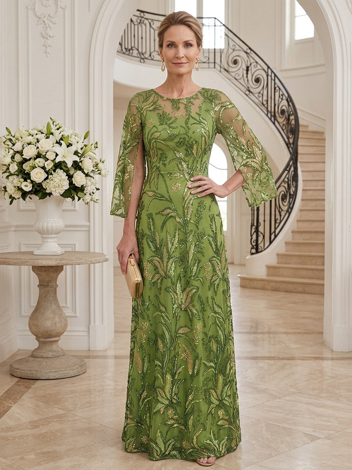 Tulle Sequin Sheath Round Neck Floor Length Long Sleeves Sequin Embroidery Mother of the Bride Dresses