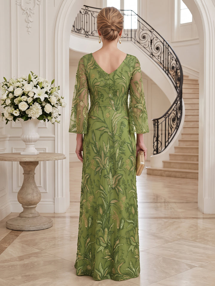 Tulle Sequin Sheath Round Neck Floor Length Long Sleeves Sequin Embroidery Mother of the Bride Dresses