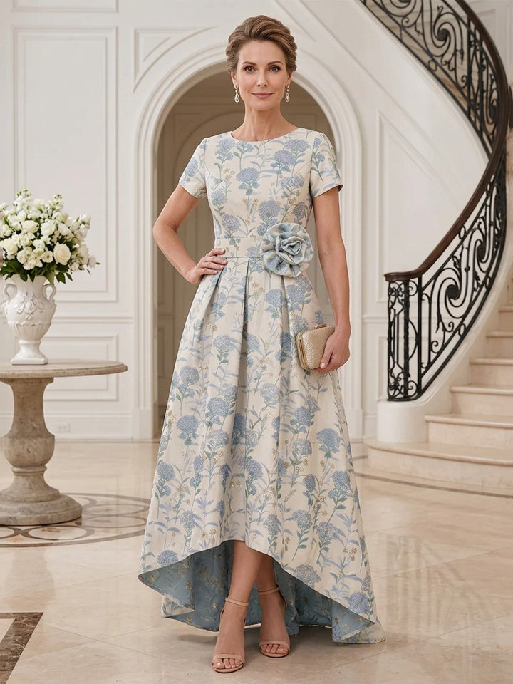 Satin Jacquard A Line Round Neck Floor Length Short Sleeves High Low Floral Mother of the Bride Dresses
