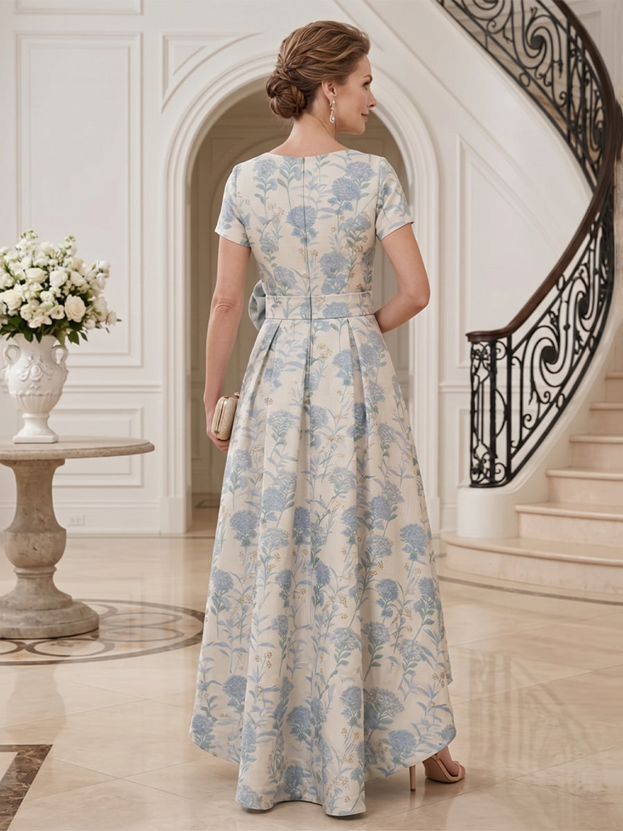 Satin Jacquard A Line Round Neck Floor Length Short Sleeves High Low Floral Mother of the Bride Dresses