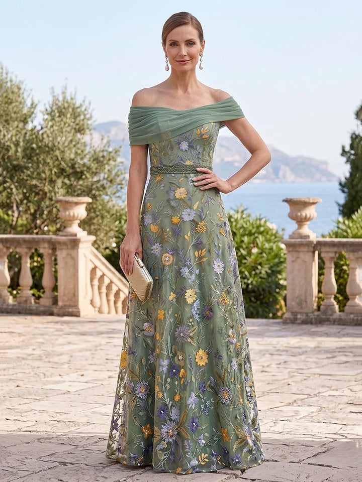 Tulle A Line Off the Shoulder Floor Length Sleeveless Ruched Floral Embroidery Mother of the Bride Dresses