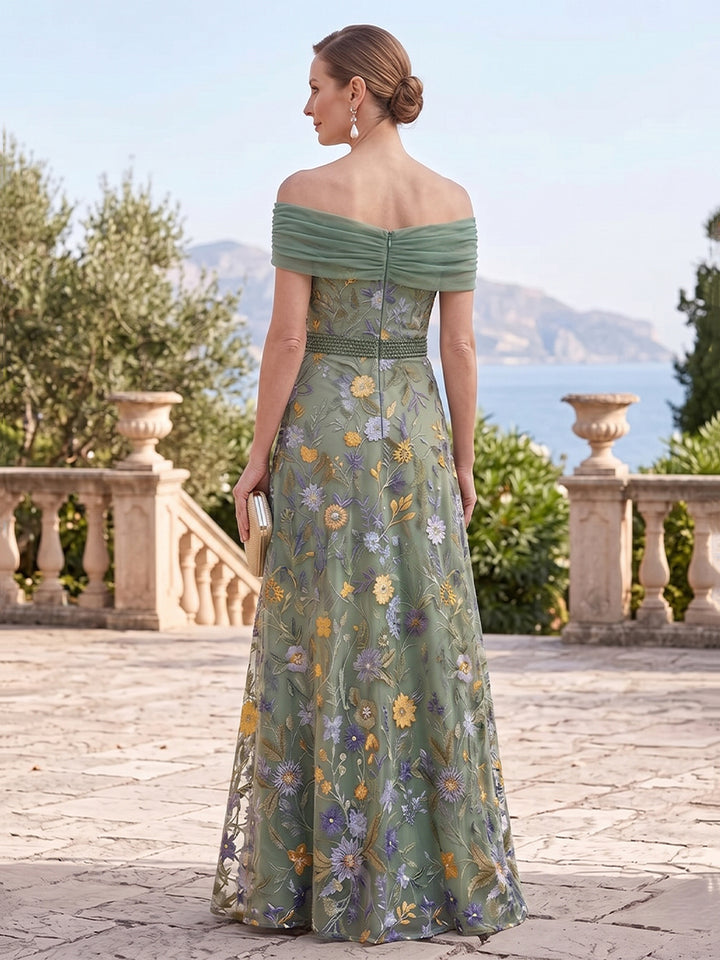 Tulle A Line Off the Shoulder Floor Length Sleeveless Ruched Floral Embroidery Mother of the Bride Dresses