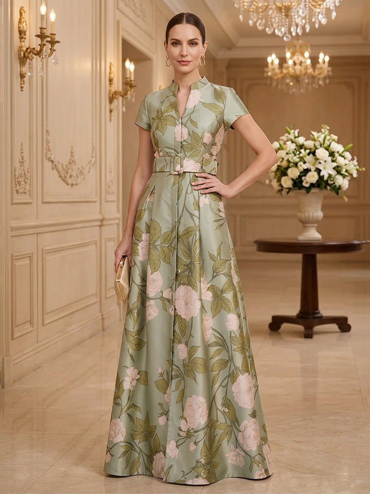 Satin Jacquard A Line Stand Collar Floor Length Short Sleeves Floral Print Mother of the Bride Dresses