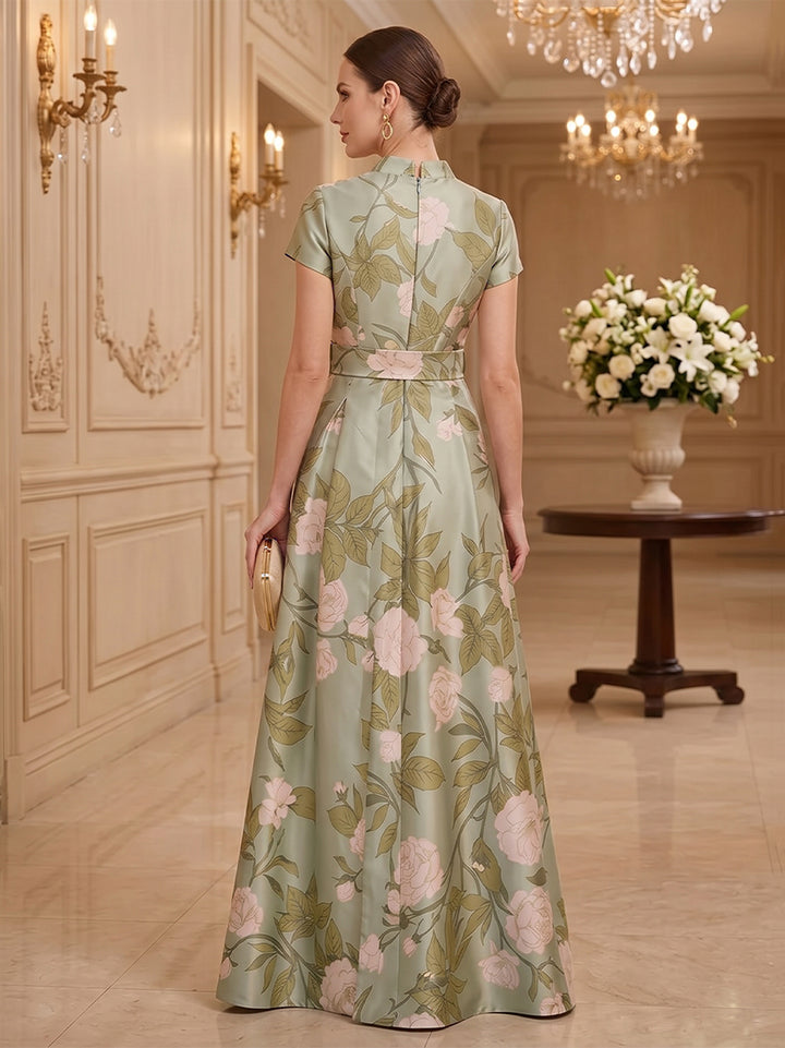 Satin Jacquard A Line Stand Collar Floor Length Short Sleeves Floral Print Mother of the Bride Dresses