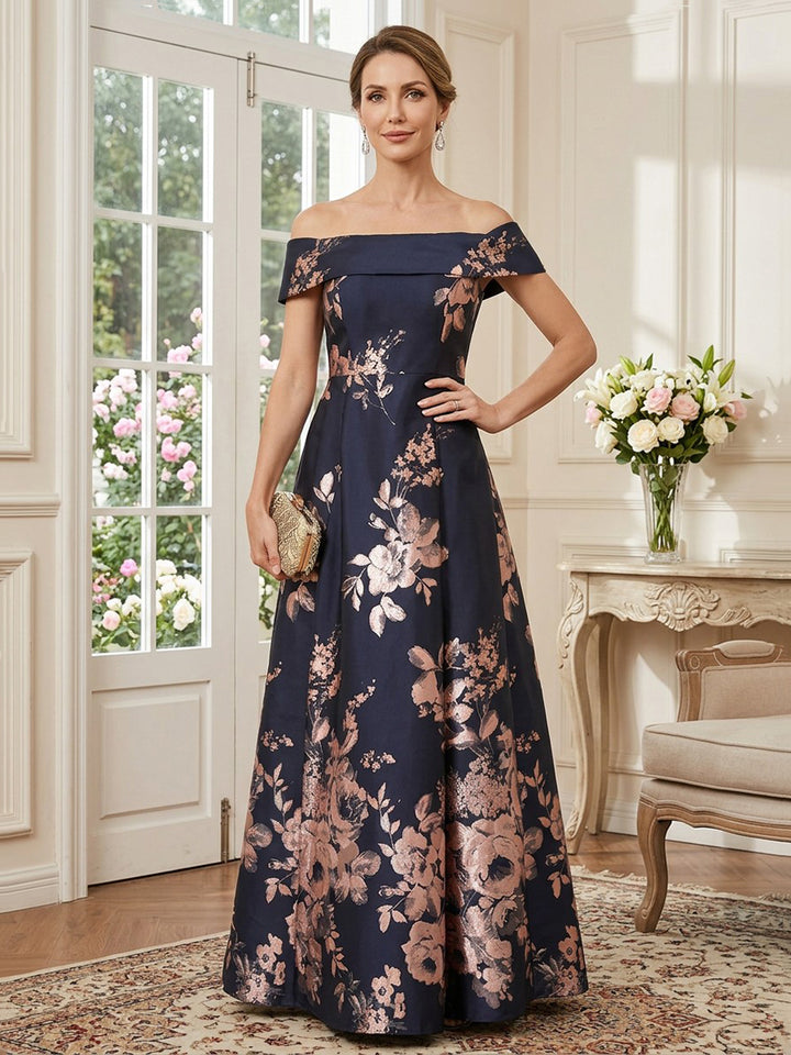 Satin Jacquard A Line Off the Shoulder Floor Length Sleeveless Floral Print Mother of the Bride Dresses