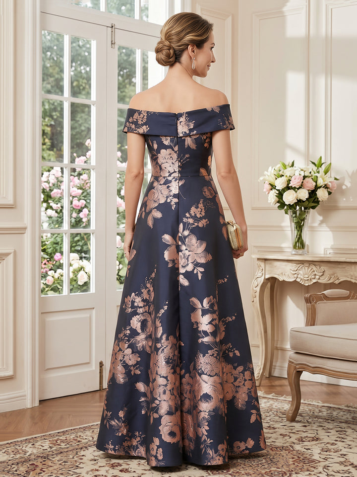 Satin Jacquard A Line Off the Shoulder Floor Length Sleeveless Floral Print Mother of the Bride Dresses