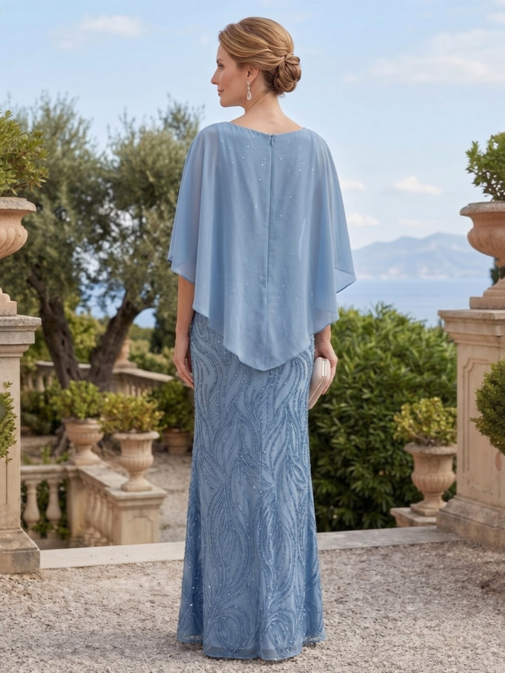 Tulle Chiffon Sheath Round Neck Floor Length Half Sleeves Sequin Embroidery Mother of the Bride Dresses with Cape