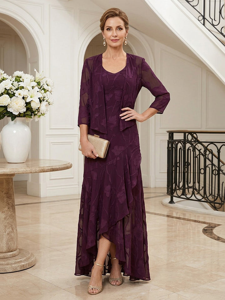 Chiffon A Line Boat Neck Floor Length Long Sleeves High Low 2?Piece Mother of the Bride Dresses