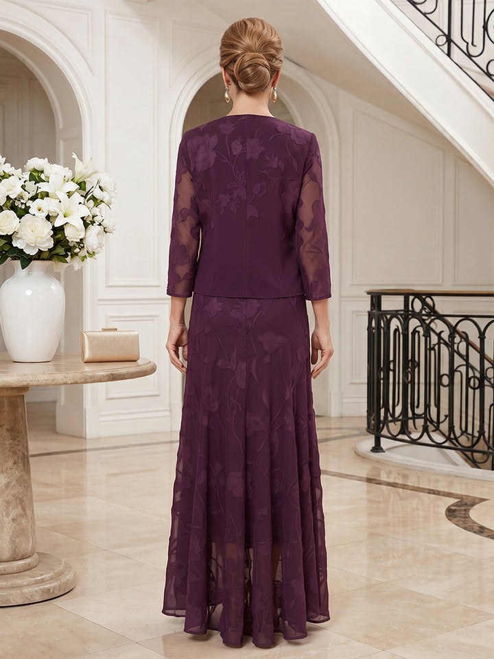 Chiffon A Line Boat Neck Floor Length Long Sleeves High Low 2?Piece Mother of the Bride Dresses