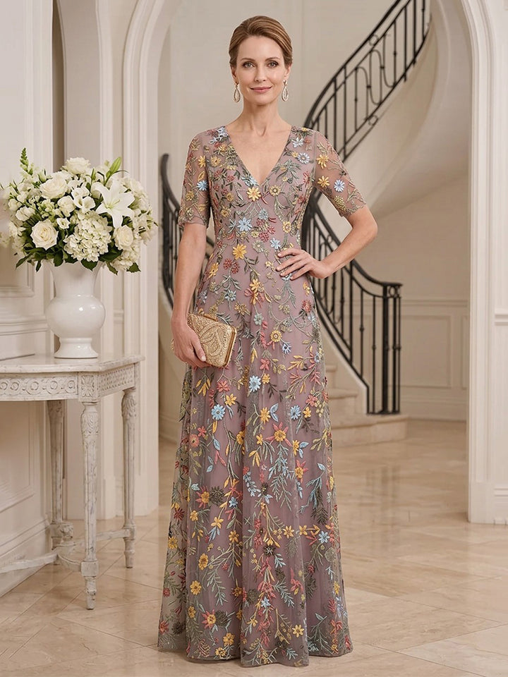 Tulle A Line V Neck Floor Length Half Sleeves Floral Embroidery Mother of the Bride Dresses