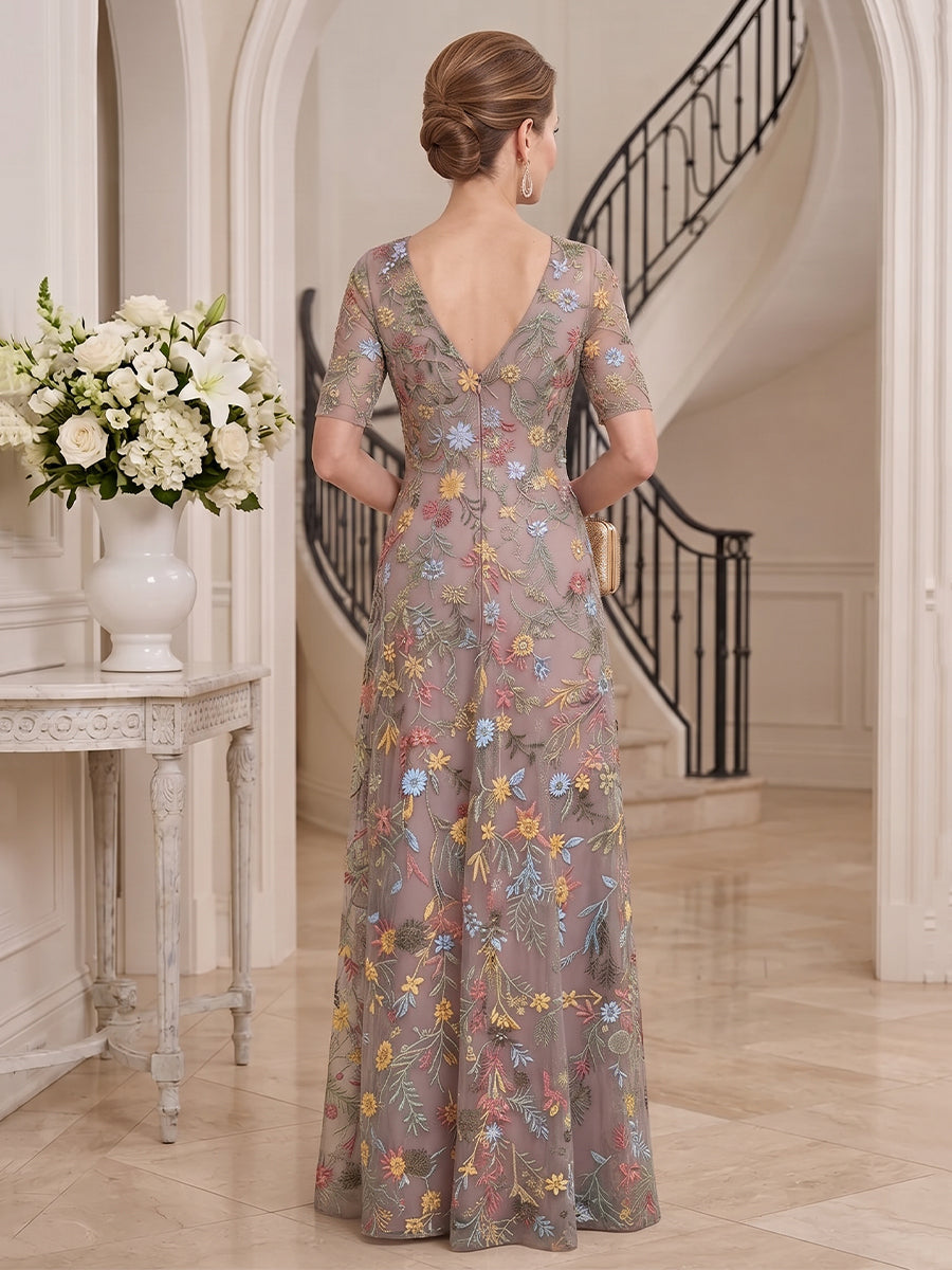 Tulle A Line V Neck Floor Length Half Sleeves Floral Embroidery Mother of the Bride Dresses
