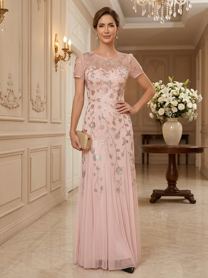 Chiffon Sequin Sheath Round Neck Floor Length Short Sleeves Sequin Embroidery Pleats Mother of the Bride Dresses