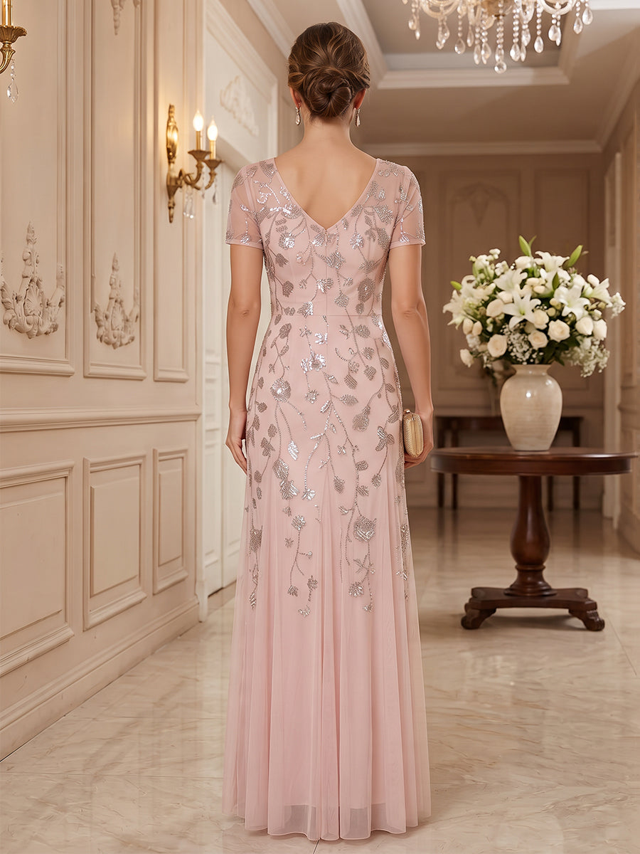 Chiffon Sequin Sheath Round Neck Floor Length Short Sleeves Sequin Embroidery Pleats Mother of the Bride Dresses