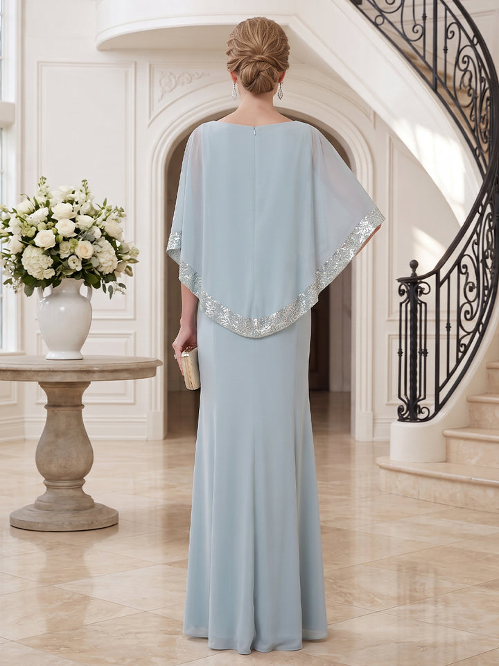 Chiffon Sheath Round Neck Floor Length Sleeveless Sequin Mother of the Bride Dresses with Cape
