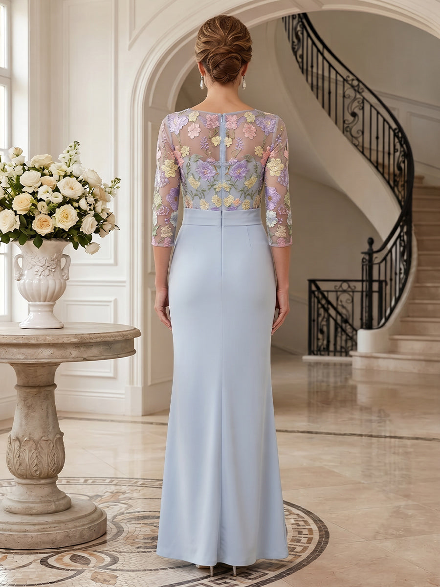 Chiffon Tulle Sheath Round Neck Floor Length 3/4 length sleeves Floral Embroidery Ruffles Mother of the Bride Dresses with Slit