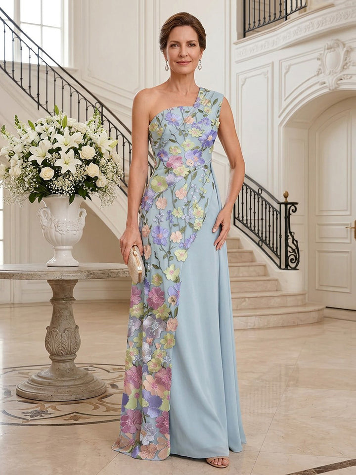 Chiffon Tulle A Line One Shoulder Floor Length Sleeveless Floral Embroidery Mother of the Bride Dresses