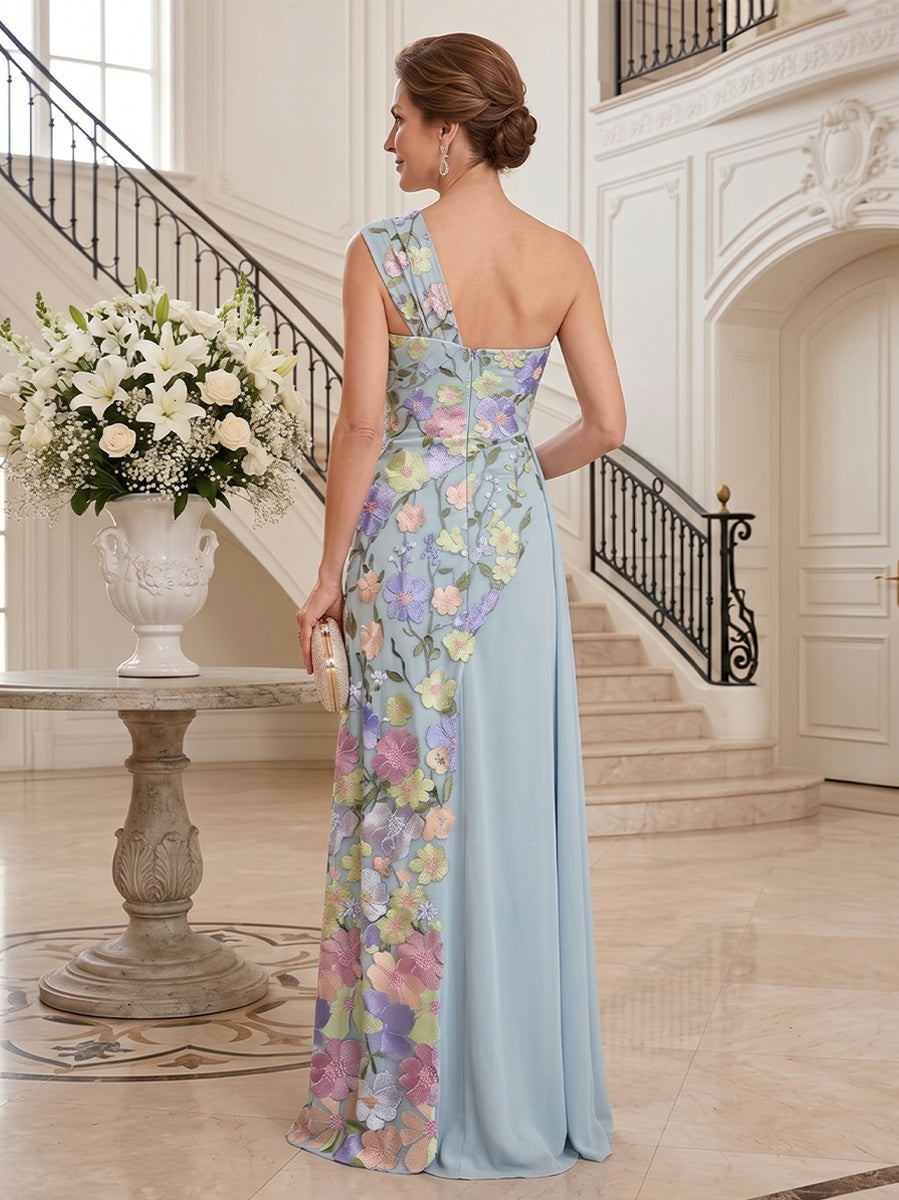 Chiffon Tulle A Line One Shoulder Floor Length Sleeveless Floral Embroidery Mother of the Bride Dresses
