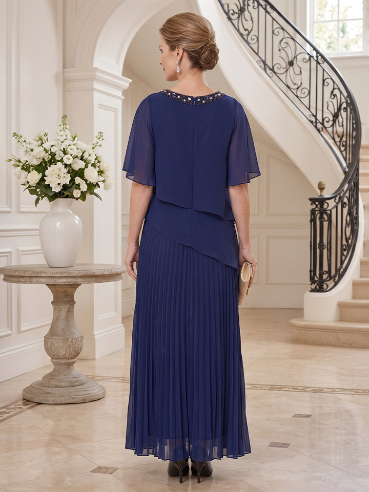 Chiffon A Line Round Neck Floor Length Short Sleeves Beading Mother of the Bride Dresses