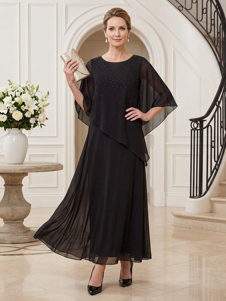 Chiffon A Line Round Neck Floor Length Half Sleeves Beading Mother of the Bride Dresses with Cape